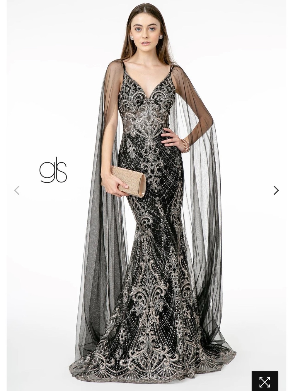 Elizabeth K Embellished Black and Silver Beaded Mermaid Gown with Sheer Cape